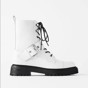 NWT Zara White Low Heeled Buckle Combat Boots 36